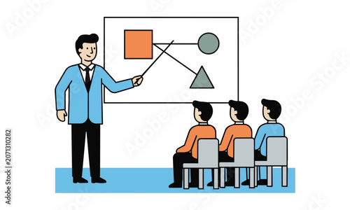 Professional presenter explaining concepts to a group on a whiteboard using a pointer in a clean minimalist style corporate training concept