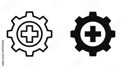 Medical gear icon set in outline and solid black style for healthcare technology concept design featuring gear symbol with cross sign isolated on neutral background for professional medical UI apps