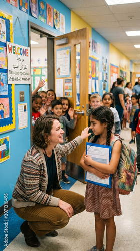 Children smile in a colorful school hallway