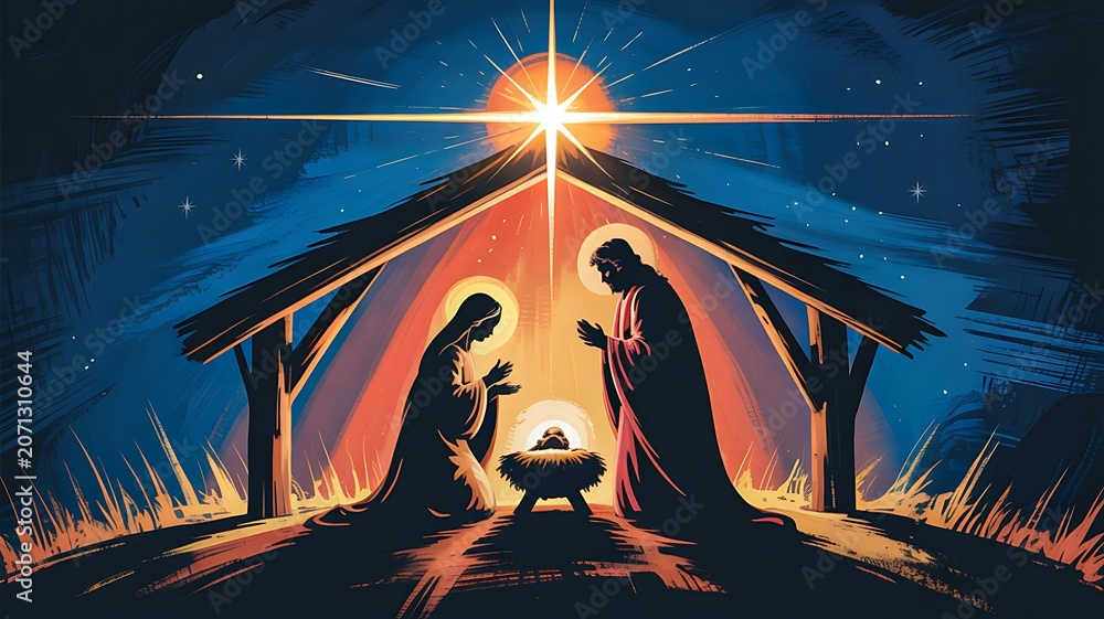 Obraz premium Nativity scene illustration with holy family silhouette under starry sky 