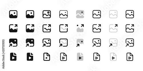 Tableau sur toile Media gallery upload export and video file document line UI icons set