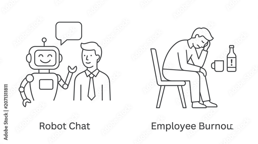 Fototapeta premium Illustration of workplace stress and modern communication challenges in offices.