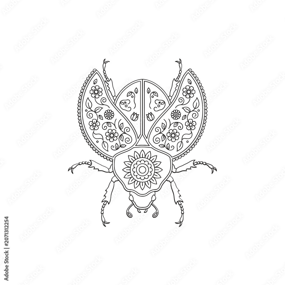 Fototapeta premium Intricate beetle illustration with floral patterns detailed line art black and white