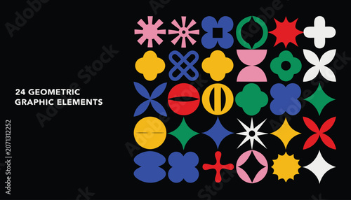 Colorful Geometric Graphic Elements Set with Modern Abstract Shapes, Retro Design Components, Creative Vector Collection for Branding, Posters, Social Media, and Web Design
