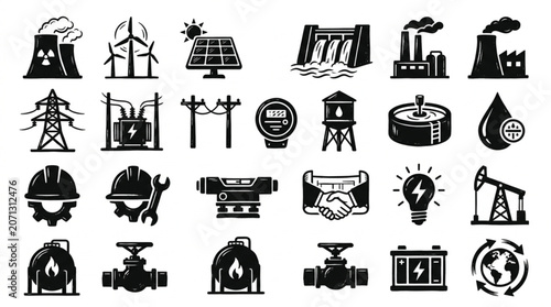 Collection of industrial and energy related icons representing various industries.