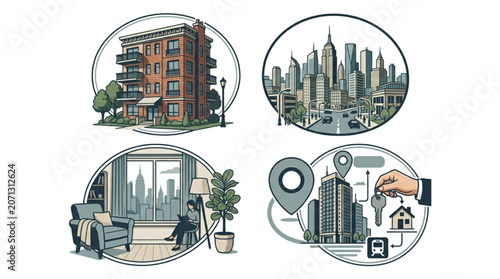 Collection of illustrations depicting urban real estate concepts and city life.