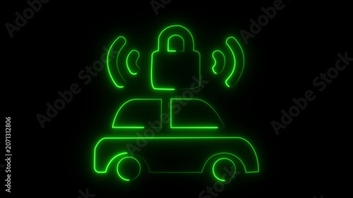 Neon car security animation: smart vehicle protection and connected auto technology