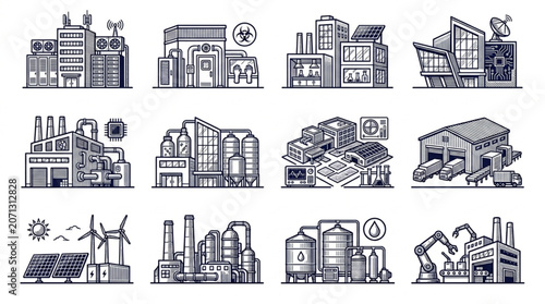 Collection of Industrial Buildings and Structures in Sketch Style.