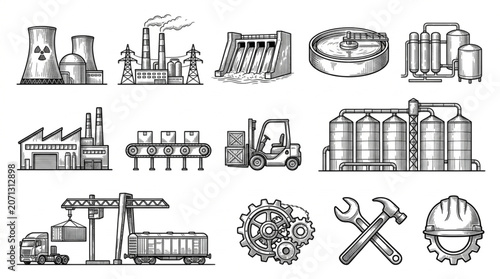 Collection of Industrial Building and Equipment Illustrations.