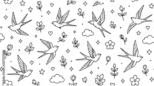 Elegant swallows and flowers seamless pattern design.