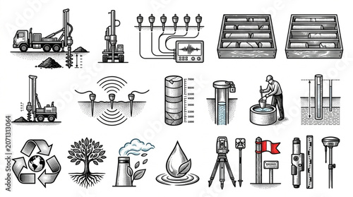 Collection of Industrial and Scientific Equipment Illustrations.