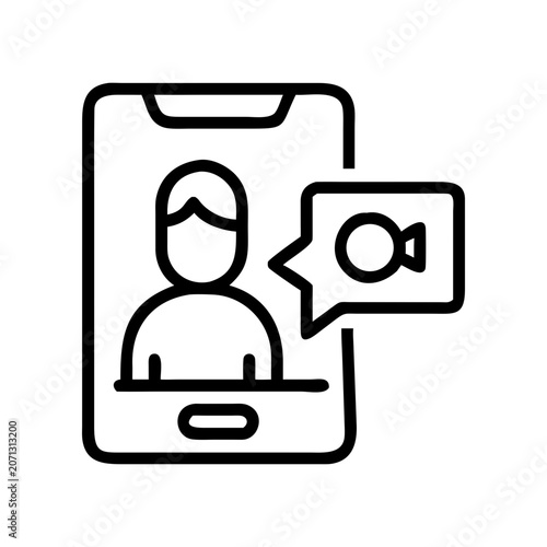 Video call, online meeting, mobile phone icon, communication symbol, black line style