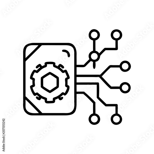 Technology, gear icon, circuit board, electronic component, black line art