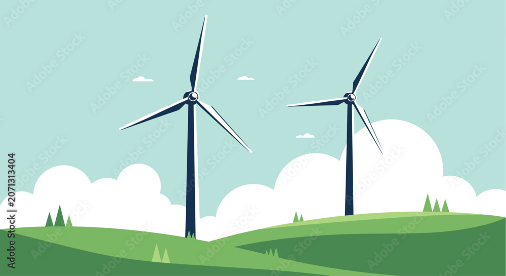Fototapeta premium Two large white wind turbines stand on rolling green hills under a clear blue sky for clean renewable energy production.