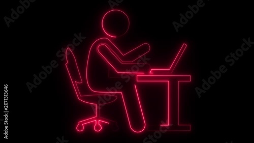 Glowing neon line working on computer icon.Businessman working in the computer icon.Office worker sitting at desk and working on computer icon
