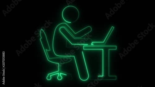 Glowing neon line working on computer icon.Businessman working in the computer icon.Office worker sitting at desk and working on computer icon