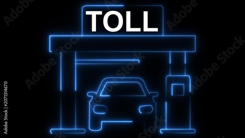 glowing neon toll plaza icon isolated on black background. road Toll icon. Toll Barrier icon for Road, Highway, Transportation, and Traffic Control. 4k video animation