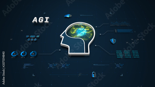 Futuristic AGI digital brain and automation concept with HUD data interface, vector illustration.