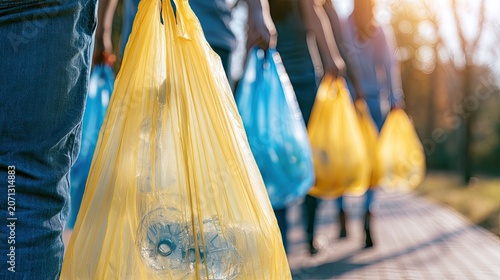 People carrying bags filled with collected plastic bottles for recycling