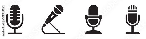 Schilderij op canvas Set of four simple black microphone icons isolated on a grey checkered pattern background for design