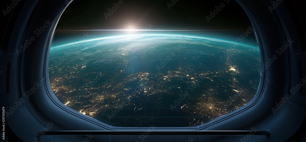 Naklejka premium View from spaceship window overlooking Earth's illuminated cities at dawn