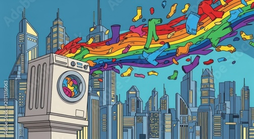 Laundry Day Rainbow: A washing machine erupts with a vibrant rainbow of colorful clothes, soaring over a city skyline, symbolizing diversity and a fresh start.
