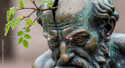 Nature's Wisdom Emerges: A weathered bronze statue, resembling an ancient philosopher, sprouts a vibrant green sapling from its cracked head.
