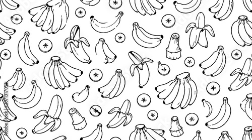 Repeating pattern of fresh bananas in various styles.