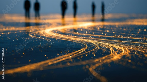 Silhouettes walk on a path of flowing golden light