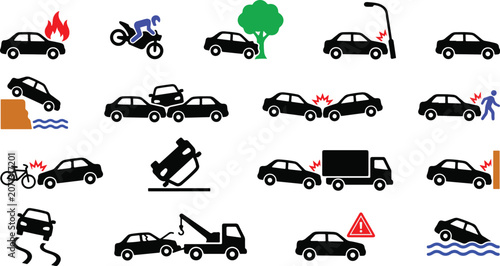 Fotografie Set of black silhouette car accident , traffic incident icons for auto insurance