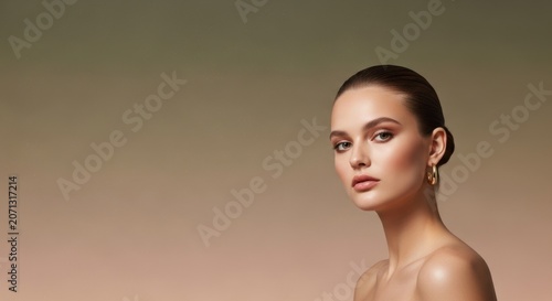 Elegant Portrait of a Young Woman: A striking portrait of a young woman with elegant makeup and a serene expression, showcasing her natural beauty and sophisticated style.