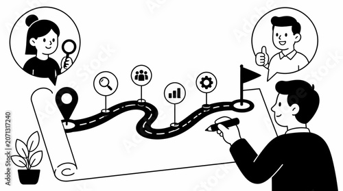 Business team planning strategy with roadmap and icons.