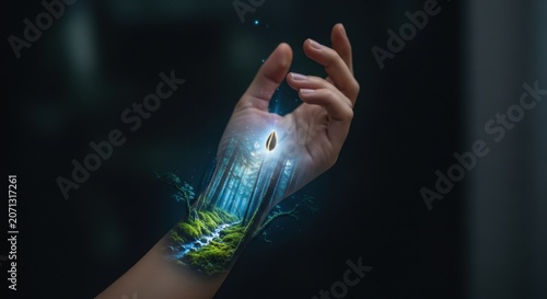 Whispers of the Forest Within: A surreal artistic representation of a human arm entwined with a miniature, glowing forest, symbolizing the deep connection between humanity and nature.
