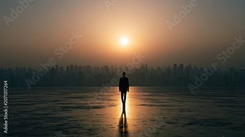 Lone figure walks toward distant, hazy city skyline at sunrise