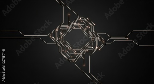 Digital Network Concept: Abstract design of a futuristic digital network circuit board with glowing nodes and connecting lines on a dark background, representing data flow and technology.