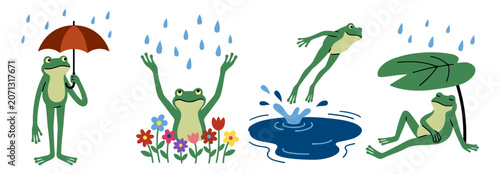 Foto Cute frog rain set with frogs holding umbrella, enjoying rain with flowers, jumping into puddle and relaxing under leaf for spring weather monsoon and nature concept