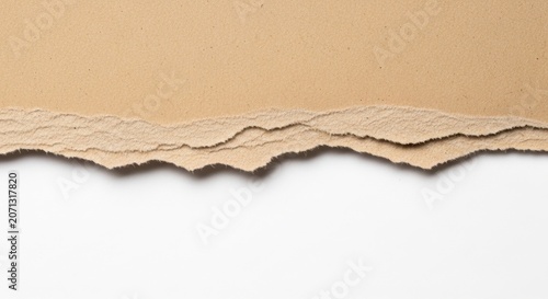 Torn Cardboard Texture: A close-up view reveals the rough, uneven edge of torn light brown cardboard, showing layers and fibers against a clean white background.