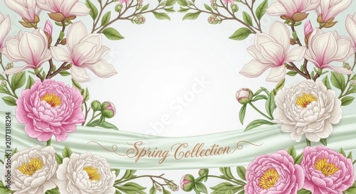 Magnolia and Peony Floral Frame: Delicate magnolia blossoms and lush peony flowers create an elegant floral frame, accented with a flowing ribbon that reads Spring Collection.