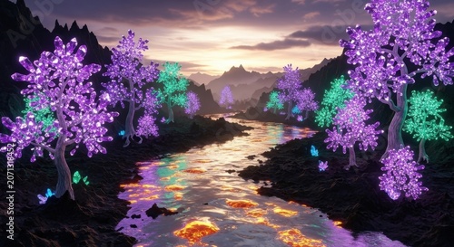 Magical Forest River: A breathtaking fantasy landscape featuring a winding river flowing through a mystical forest with glowing, crystalline trees and shimmering water under a twilight sky.