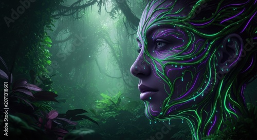 Mystic Forest Being: A profile portrait of a mystical woman with intricate bioluminescent patterns glowing on her face and body, set against a lush, atmospheric jungle backdrop.