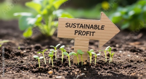 Sustainable Profit Grows: Tiny seedlings sprout from rich soil, illuminated by soft sunlight, with a rustic sign pointing forward, bearing the message SUSTAINABLE PROFIT, symbolizing growth.