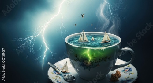 A Tempest in a Teacup: A surreal and dramatic scene where miniature sailboats navigate a stormy sea contained within a delicate teacup, under a sky illuminated by dramatic lightning strikes.