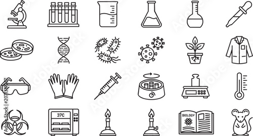 Detailed set of various black outline science laboratory equipment icons rendered as a vector on transparent background