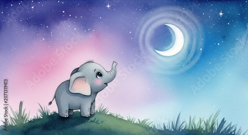 Dreamy Elephant Under the Crescent Moon: A cute, baby elephant gazes up at a large, glowing crescent moon in a colorful, dreamlike night sky filled with stars.