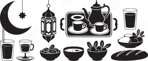 Cuadro en lienzo Ramadan kareem festive set with crescent moon lantern tea service glasses dates bread bowl icons for traditional meal times