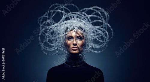 Abstract Mind: A woman with a striking hairstyle resembling tangled tubes, symbolizing a complex thought process or innovative idea, gazes intensely forward against a moody, dark backdrop.