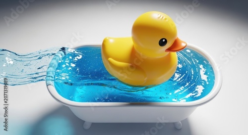 Rubber Duck in Bathtub: A cheerful yellow rubber duck floats in a bright blue bathtub, with water splashing as it glides through the bubbly water, creating a playful and innocent scene.