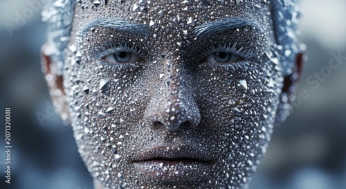 Frozen Visage: A striking close-up portrait of a person's face entirely covered in sparkling frost and ice crystals, creating an ethereal and chilling effect.
