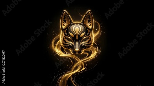 Golden Fox Mask Japanese Ink Animation Background