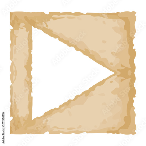 Creative layout of torn vintage paper pieces forming play button shape with weathered textures and burnt edges on checkered backdrop.